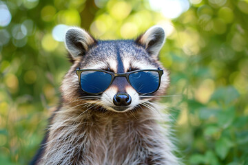 A raccoon peering out from behind its sunglasses, its eyes twinkling with curiosity.