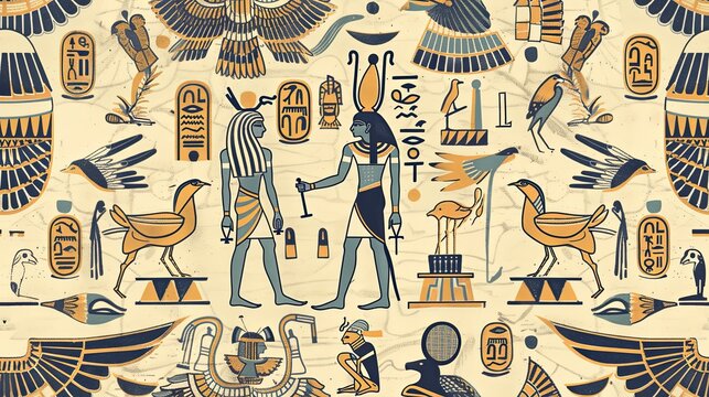 Ancient symbols depicted in seamless Egyptian hieroglyphics pattern. Timeless cultural heritage concept. AI Image