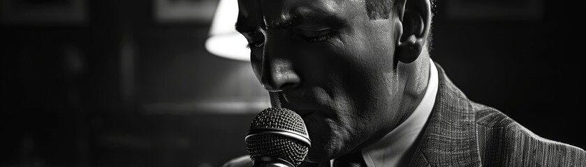 A black and white photo of a man singing into a microphone.