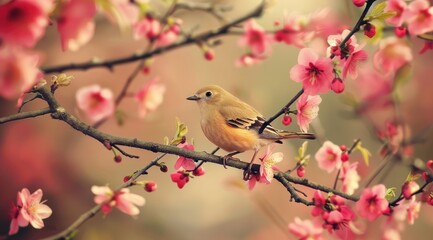 Beautiful bird on flowering branch.