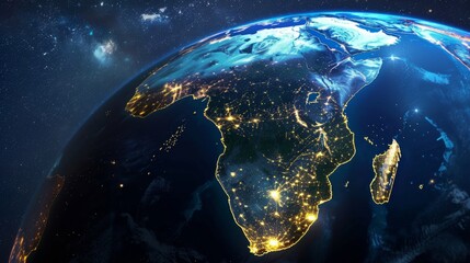 Blue and white image of the Earth at night, showing the African continent.