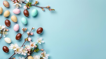 Blue background with chocolate and colorful eggs and white flowers