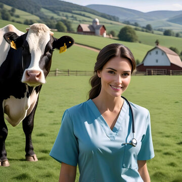 Veterinaria en una campa junto una vaca cerca de una granja 