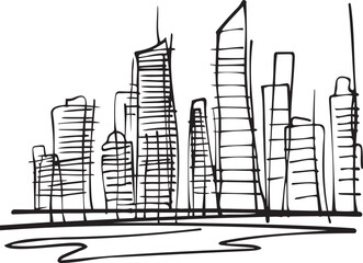 Minimalistic single-line drawing of skyscrapers skyline, Concept of urban architecture and city life