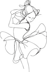 Single-line drawing of a graceful ballerina with a bun, dancing in a flowing dress, Concept of elegance and simplicity in art