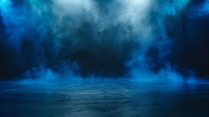 Blue smoke fills a dark room with spotlights in the background. - obrazy, fototapety, plakaty