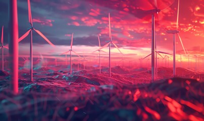 Illustrate a wind turbine field with a unique twisted perspective using a vector art technique Highlight the movement of the blades in a stylized and colorful manner, conveying a sense of energy in mo
