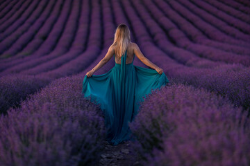 Back view woman lavender sunset. Happy woman in green dress holds lavender bouquet. Aromatherapy...