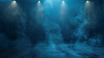 cinematic blue smoke filled room with 3 spotlights - obrazy, fototapety, plakaty