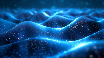 blue glow in dark background with light with waves, in the style of line and dot work, digital as manual, intel core, light bronze and dark blue, dotted, rollerwave, three-dimensional space