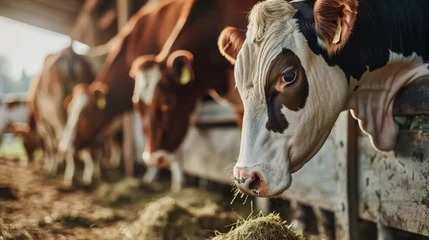 Foto op Plexiglas Cows eating hay in a barn © Sittipol 