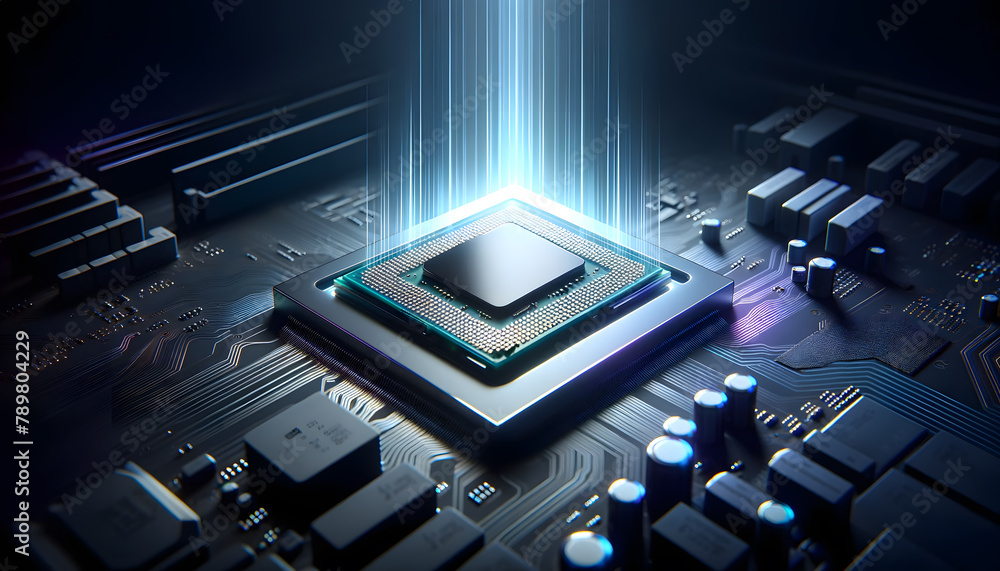 Poster a cpu on a motherboard, elegantly highlighted with radiant neon light trails in a minimalist setting