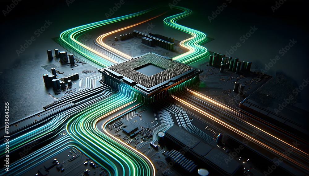 Poster a cpu on a motherboard, elegantly highlighted with radiant neon light trails in a minimalist setting