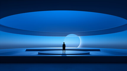 Generate an illustration, that integrates the architectural Blue color matching, forms of the Bauhaus , A huge statue with the light and space of, James Turrell, 16K