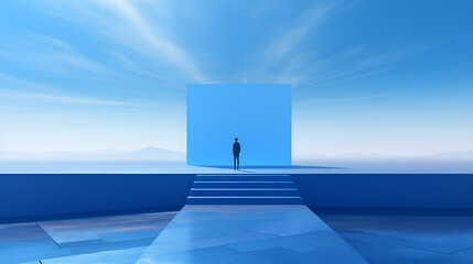 Generate an illustration, that integrates the architectural Blue color matching, forms of the Bauhaus , A huge statue with the light and space of, James Turrell, 16K