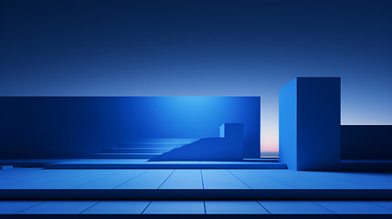 Generate an illustration, that integrates the architectural Blue color matching, forms of the Bauhaus , A huge statue with the light and space of, James Turrell, 16K