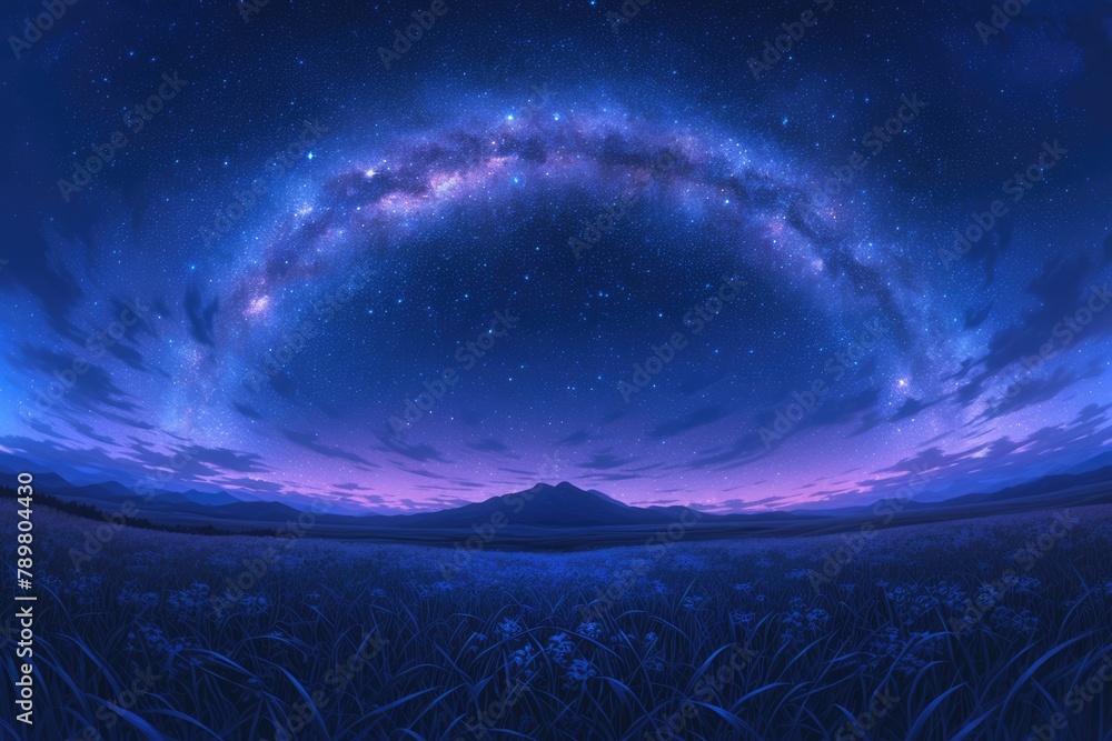 Wall mural mountains in the background and an arching galaxy across the sky.