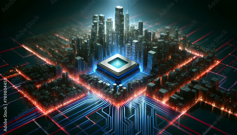Poster a cpu on a motherboard, elegantly highlighted with radiant neon light trails in a minimalist setting
