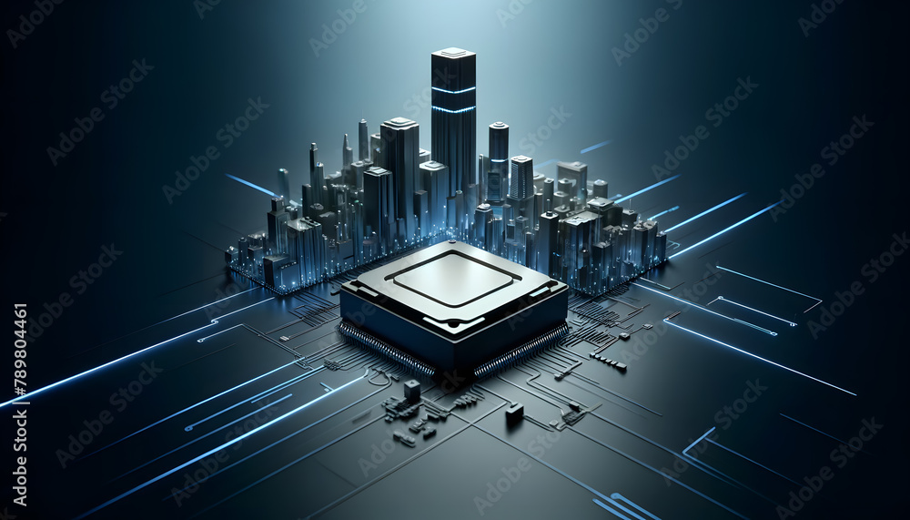 Poster a cpu on a motherboard, elegantly highlighted with radiant neon light trails in a minimalist setting