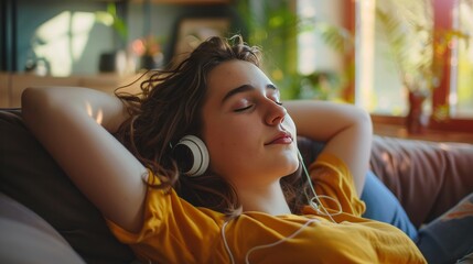 Girl listening to music with headphones and eyes closed - obrazy, fototapety, plakaty