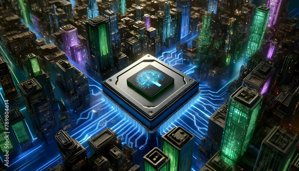 Poster a cpu on a motherboard, elegantly highlighted with radiant neon light trails in a minimalist setting