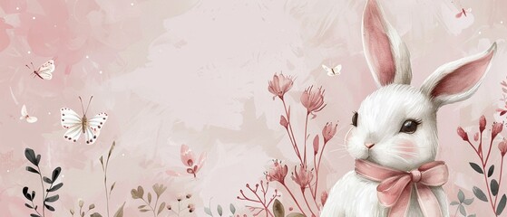Pastel wallpaper series featuring sweet white rabbits with ribbons and butterflies, in various playful poses, handdrawn for a soft look - obrazy, fototapety, plakaty
