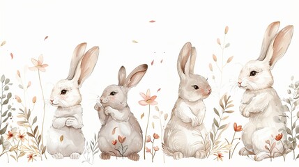 Delightful set of white rabbit wallpapers, each bunny interacting with elements like flowers and carrots, in gentle pastel shades, handdrawn