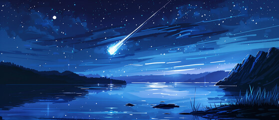  a meteor passing above the lake - obrazy, fototapety, plakaty