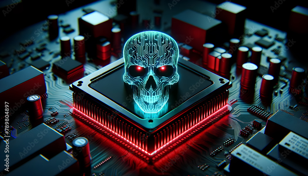 Poster a holographic hacker face above the cpu, capturing the essence of cybersecurity themes, complete wit