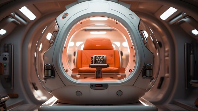 A Popmart toy is placed in the center of a simple and bright spaceship cabin, a minimalist interior environment, bright lighting, a clean frame, shot on a Hasselblad X2D, wide-angle lens, cinema light