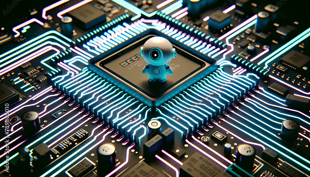 Poster concept of artificial intelligence, featuring an ai-brain made of circuit patterns with surrounding 