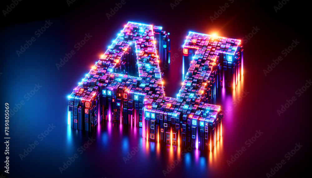 Poster the letters 'ai' illuminated in a futuristic style, made of glowing digital blocks with a dynamic ne
