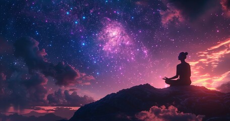 A silhouette of an adult meditating on the top, against the background of beautiful cosmic sky with...