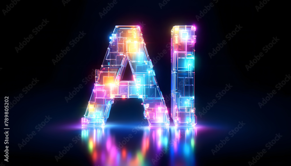 Poster the letters 'ai' illuminated in a futuristic style, made of glowing digital blocks with a dynamic ne