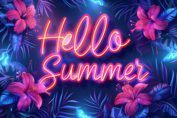 Neon lettering Hello Summer on dark background with palm leaves and tropical flowers. Retro typography text. Summer sale. Design template for banner, poster, card