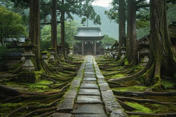 Ancient cedar trees lining the path to a Shinto shrine, their moss-covered roots adding a sense of age and wisdom to the sacred site.