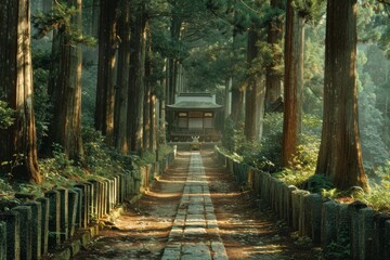 A peaceful forest path lined with towering cedar trees, leading to a hidden shrine where visitors can seek spiritual guidance. - obrazy, fototapety, plakaty