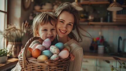 Photo of a happy mother and her son holding a basket full of colorful Easter eggs. - obrazy, fototapety, plakaty