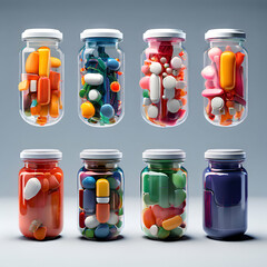 Title: Title: jar with pills various capsules and supplement healthy red white green capsules

