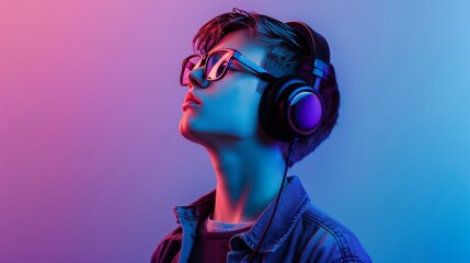 Portrait of a young man with glasses and headphones listening to music against a blue and purple background.