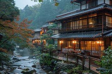 Obraz premium Traditional Japanese ryokan nestled in the mountains, offering a peaceful retreat with hot springs, tatami rooms, and kaiseki cuisine.