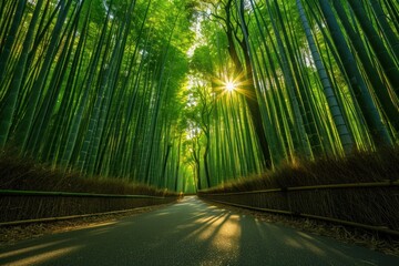 Tranquil bamboo forests with sunlight streaming through the tall stalks, casting intricate shadows on the ground.