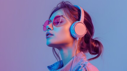 Portrait of a young woman with closed eyes listening to music with headphones.