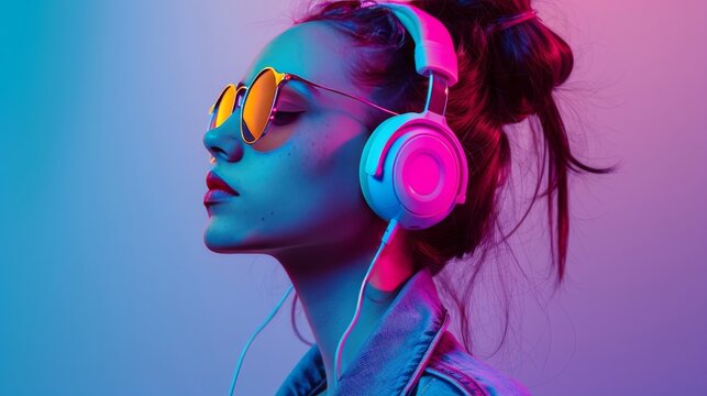 Portrait of a young woman with closed eyes listening to music with headphones against a blue and pink background