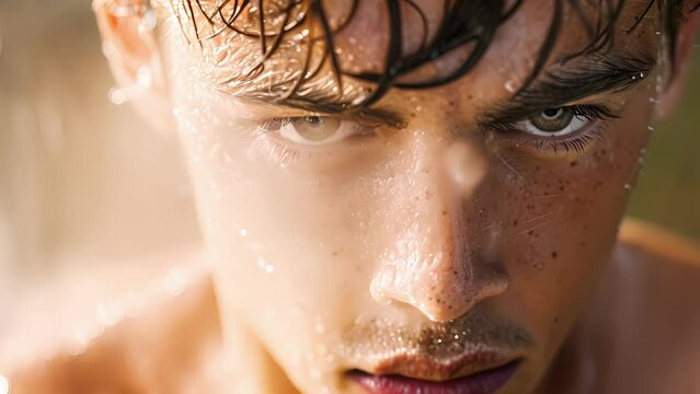 A closeup of a runners sweaty face revealing the physical and mental strength required to excel in sports.