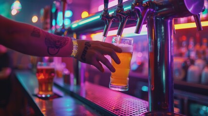 Pouring a glass of beer at a bar - obrazy, fototapety, plakaty