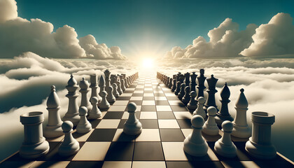 The concept of opportunity comes at all times, a giant chessboard extending towards the horizon under a bright sky.