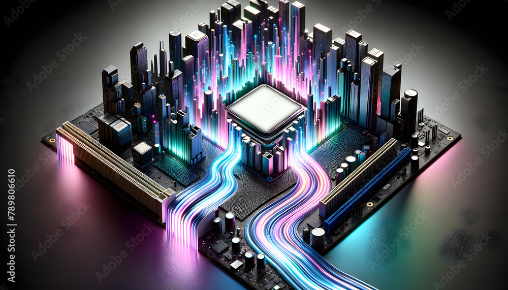 Poster a cpu on a motherboard, elegantly highlighted with radiant neon light trails in a minimalist setting