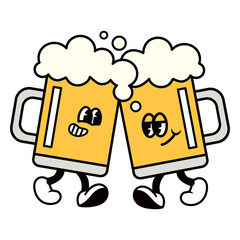 Retro beer mugs png, cartoon illustration, transparent background