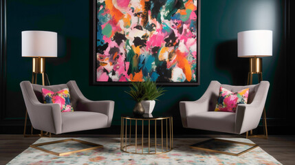 Immerse yourself in a vibrant lounge haven featuring two sleek chrs, an empty frame, and lively graphic prints adding vibrancy to the space. The combination of modern design and energetic 